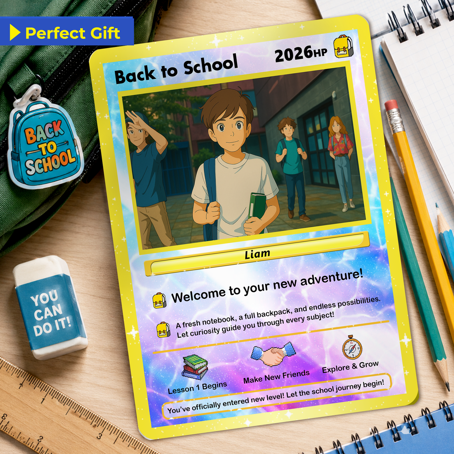 Back to School Custom Pokemon Card with Anime Style Transformation, Personalized Pokemon Card for First Day of School, Gift for Students, Son, Daughter - CPC-71