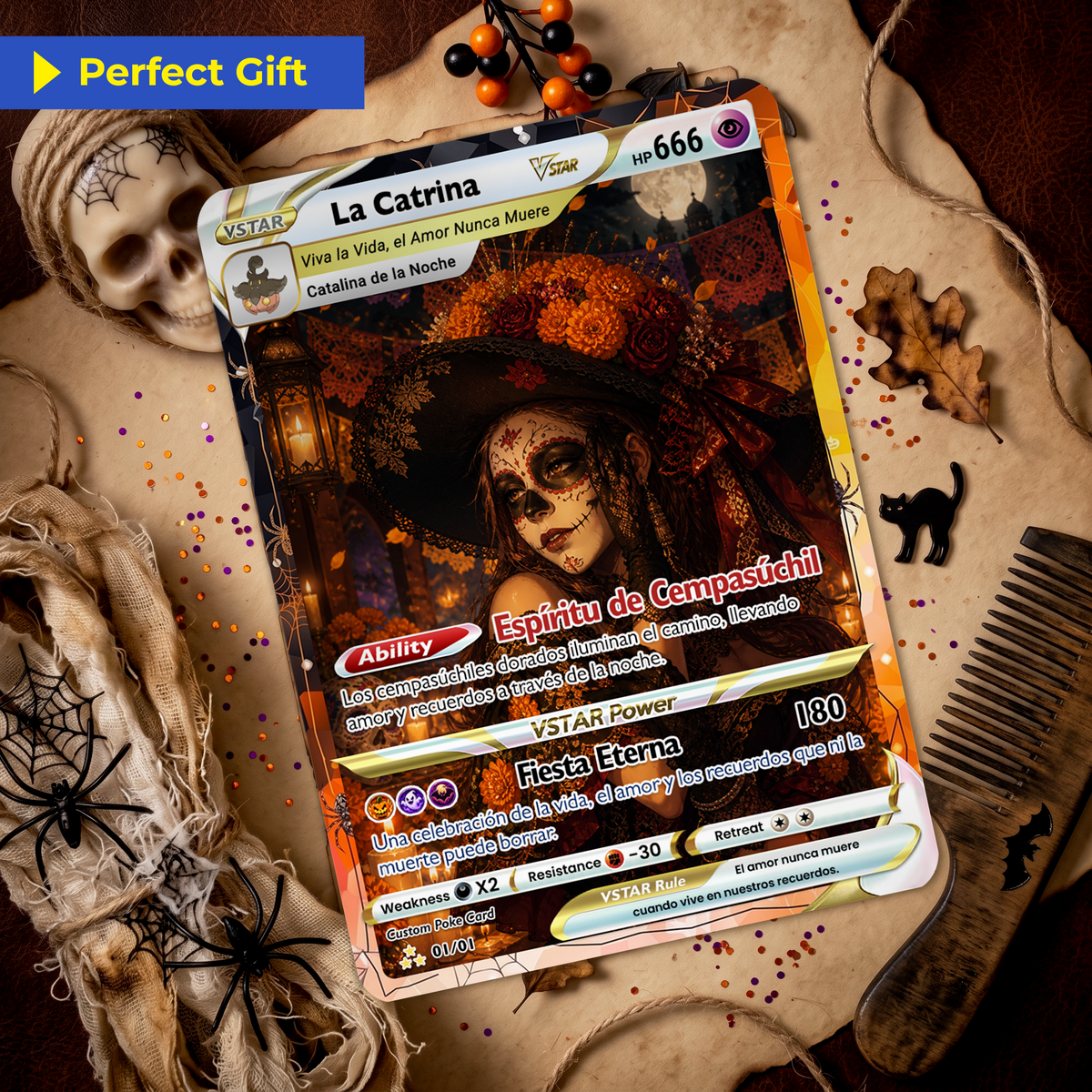 Custom Día de los Muertos Pokémon Card | Personalized Day of the Dead Card | La Catrina Gift for Him & Her - CPC-hlw-16