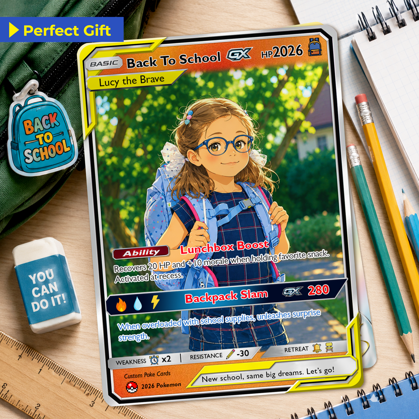Back to School Gift for Pokémon Fans - Custom Pokémon Card with Anime Picture for Kids, Students - Personalized First Day of School Gift from Parents - CPC-147