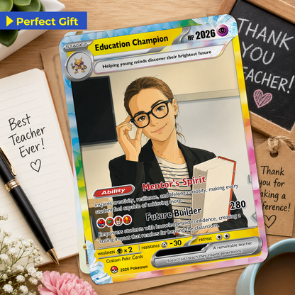Education Champion Custom Pokemon Cards, Teacher Appreciation Gift Card, Change Your Photo to Anime Styles, Thank You Teacher Gift, Personalized Pokemon Cards - CPC-BTS-08