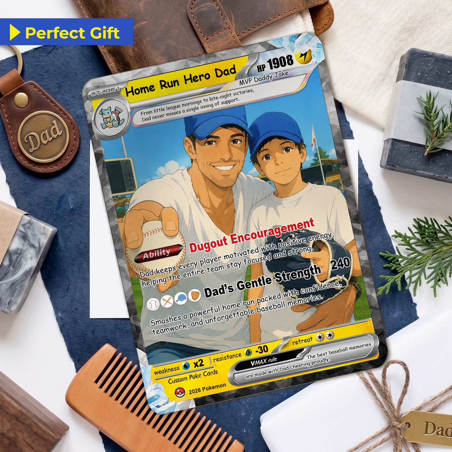 Baseball Dad Custom Pokémon Card for Father's Day - Father’s Day Personalized Pokémon Card for Sport Dad - Comic Anime Style Customizable Gift from Supporter, Wife, Son & Daughter - CPC-134