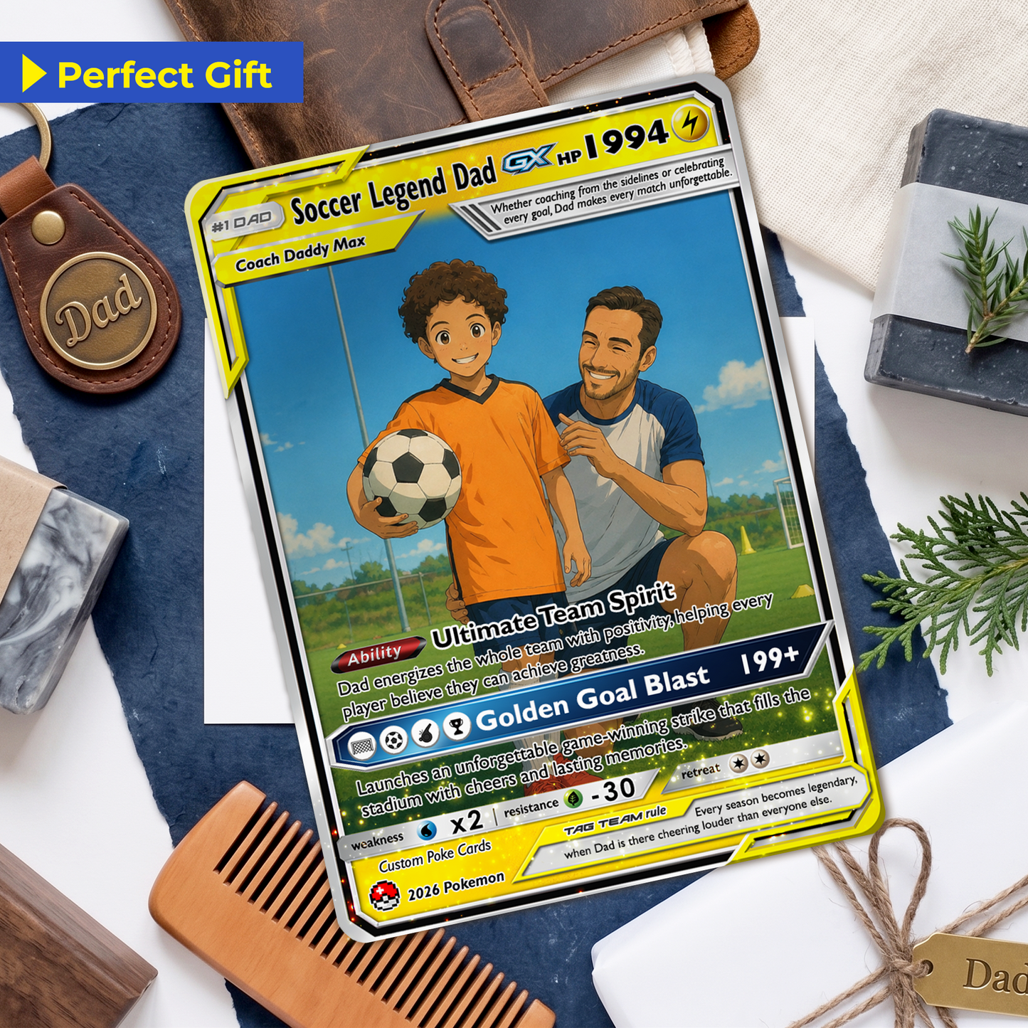Soccer Dad Custom Pokémon Card for Father's Day - Father’s Day Personalized Pokémon Card for Sport Dad - Comic Anime Style Customizable Gift from Supporter, Wife, Son & Daughter - CPC-133