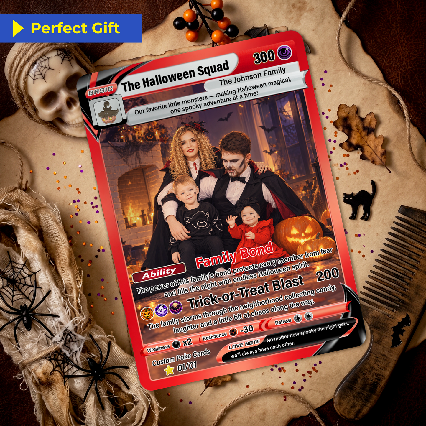 Family Halloween Custom Pokémon Cards with Anime Picture, Personalized Pokemon Cards, Animated Gifts for Family Memebers - CPC-hlw-02
