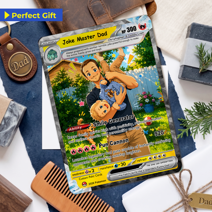 Funny Happy Father's Day Custom Pokémon Card - Comic Anime Style Personalized Pokémon Card for Funny Dad - Perfect Gift from Wife & Kids - CPC-122