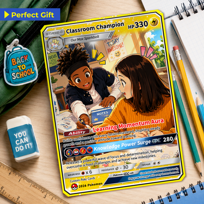 Classroom Champion Back to School Personalized Pokémon Card - Custom Pokémon Card with Anime Picture for Kids, Students - First Day of School Gift from Parents - CPC-BTS-03