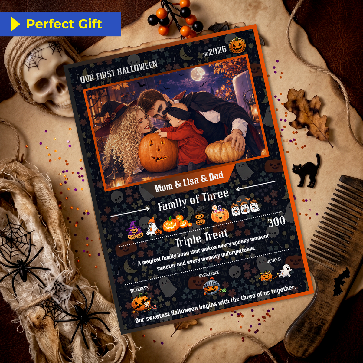 Custom Pokémon Card – First Halloween as a Family of Three, Halloween Anime Transformation Metal Card, Personalized Family of 3 Gift, New Family Keepsake - CPC-hlw-14