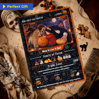 Custom Pokémon Card – First Halloween as a Family of Three, Halloween Anime Transformation Metal Card, Personalized Family of 3 Gift, New Family Keepsake - CPC-hlw-14