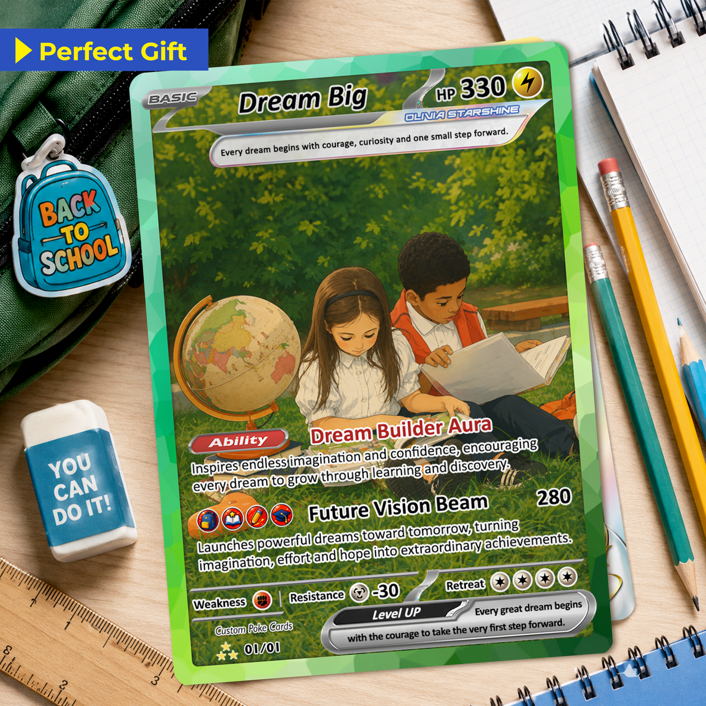 Back to School Custom Pokémon Card - Dream Big Personalized Pokémon Card with Anime Picture for Kids, Students - First Day of School Gift from Parents - CPC-BTS-20