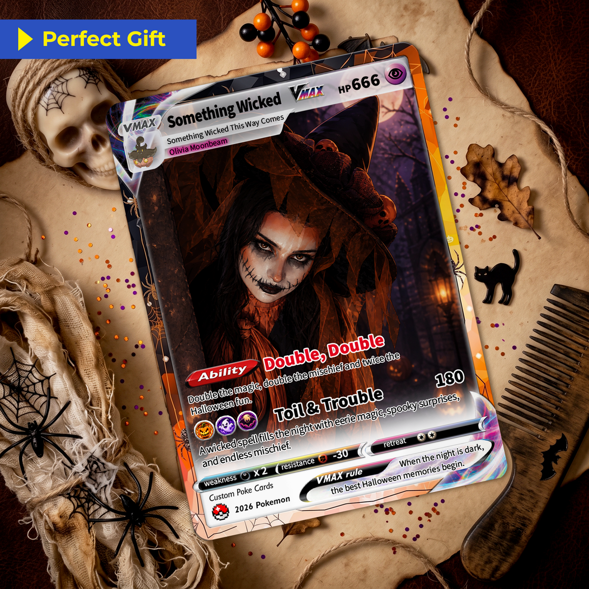 Custom Halloween Witch Pokémon Card with Anime Picture, Personalized Pokémon Cards, Spooky Halloween Gift for Her - CPC-hlw-15