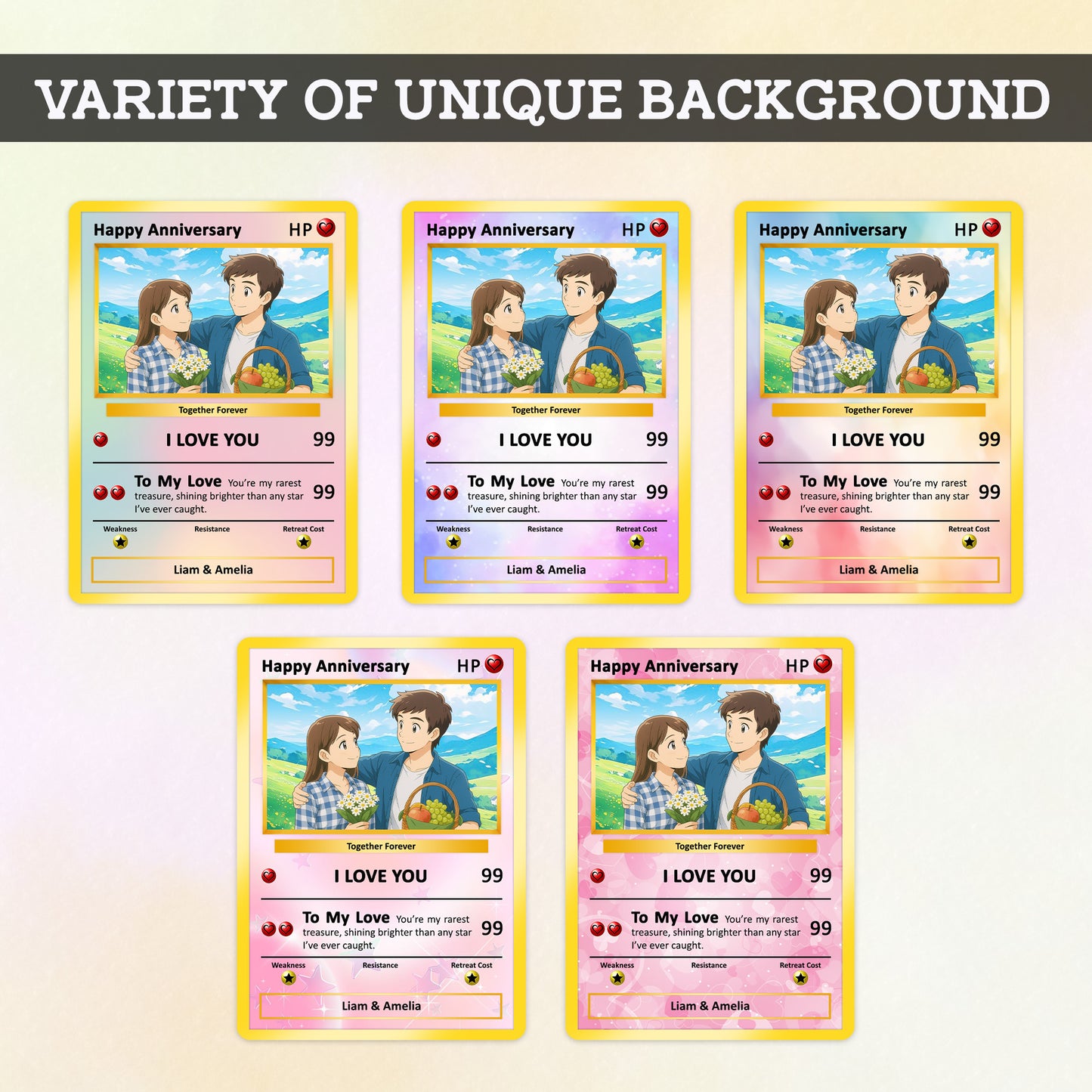 Happy Anniversary Card, Custom Pokémon Cards with Anime Picture, Personalized Poke Cards Animated Style Gifts for Him and Her - CPC-61