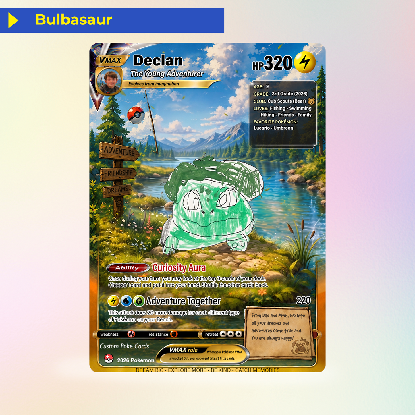 Declan's Dream Team Pokémon Card – One-of-a-Kind Custom Card Inspired by His Original Artwork | Personalized Family Keepsake (2026 Edition)
