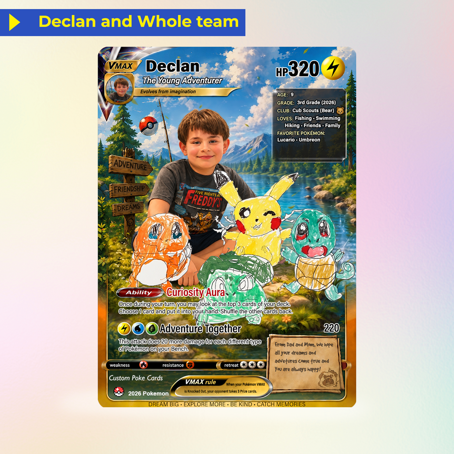 Declan's Dream Team Pokémon Card – One-of-a-Kind Custom Card Inspired by His Original Artwork | Personalized Family Keepsake (2026 Edition)