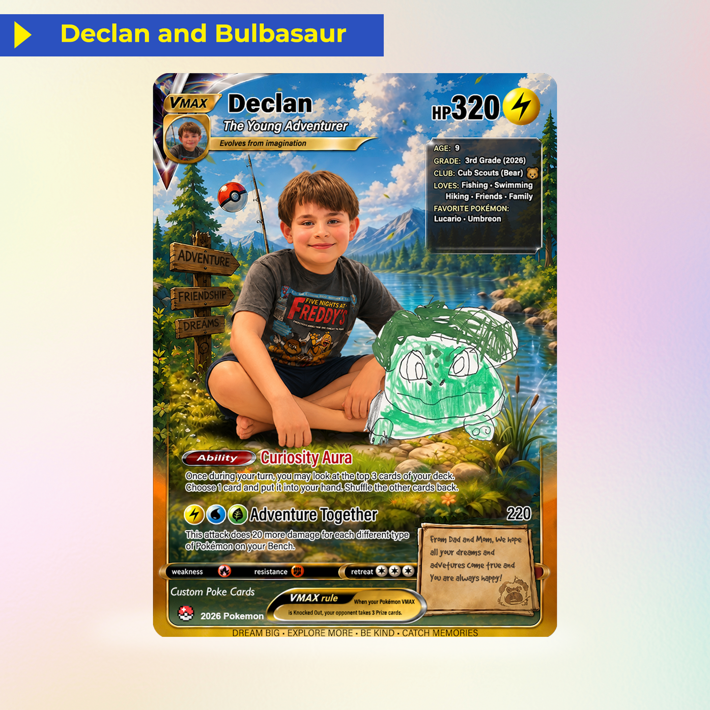 Declan's Dream Team Pokémon Card – One-of-a-Kind Custom Card Inspired by His Original Artwork | Personalized Family Keepsake (2026 Edition)