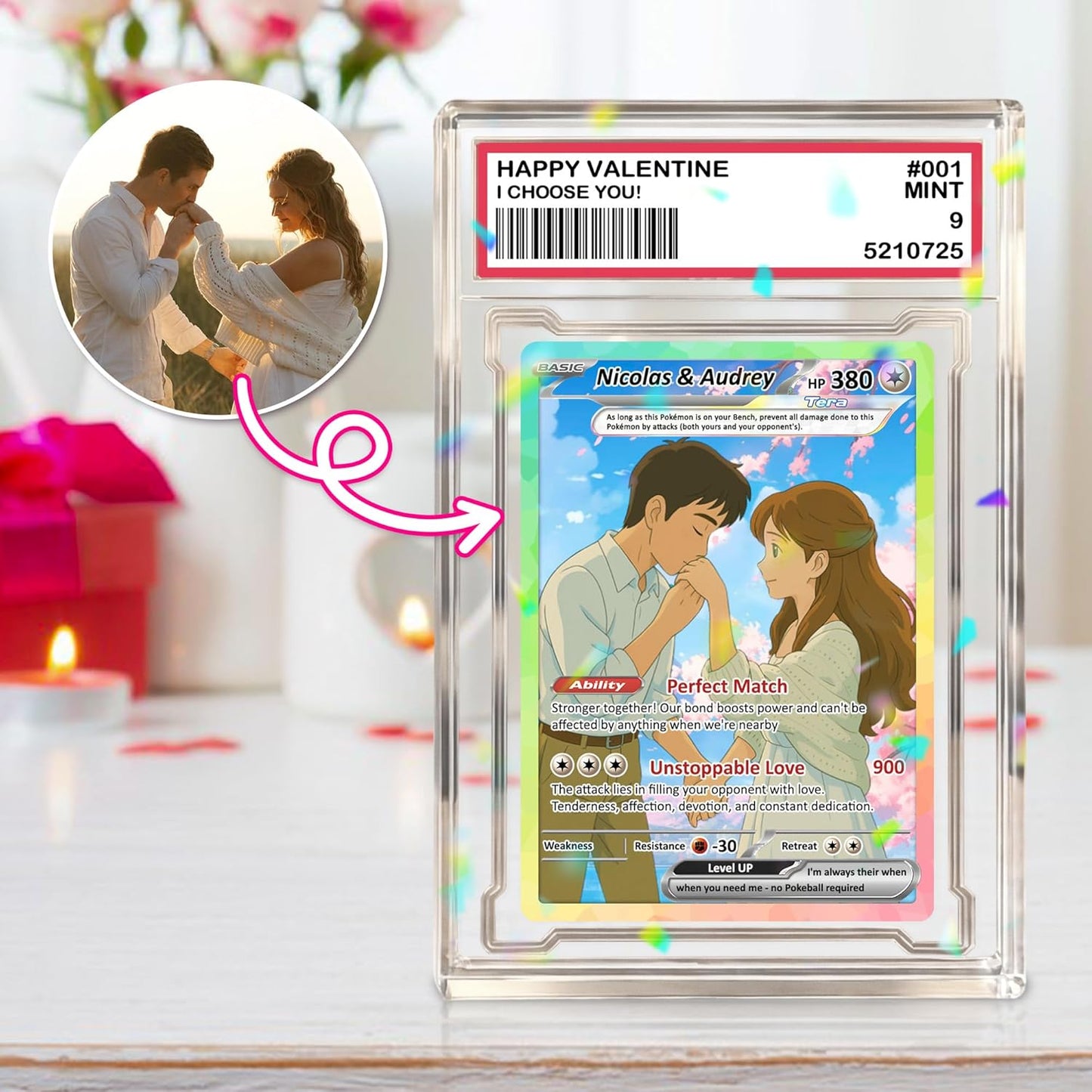 Custom Acrylic Pokemon Card Display Block - Custom Game-Inspired Card Block for Couples - Customized Acrylic Animated Style Plaque for Lovers | Best Valentine Gifts for Him, Her - CPC-15-BL