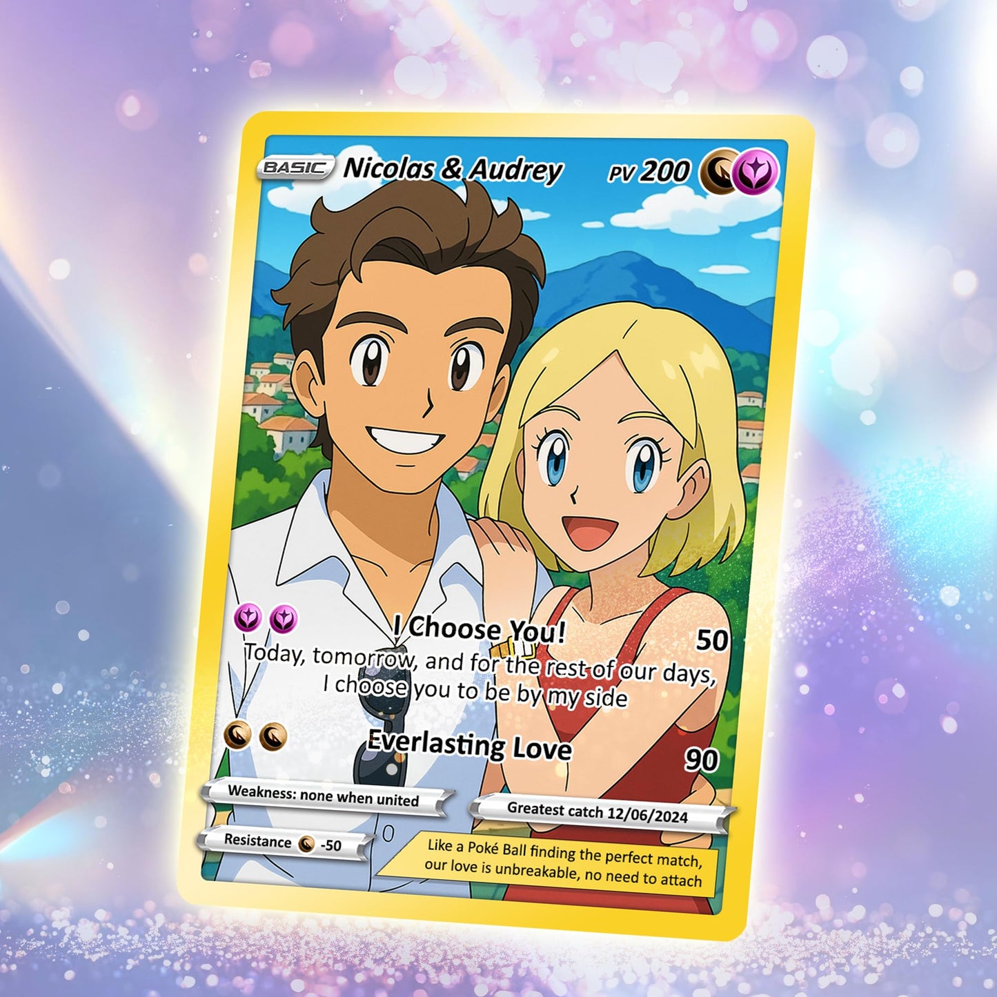Customizable Pokemon Card - Personalized Anime-Inspired Pokemon Card for Couples - Holographic Effect Available - CPC-28