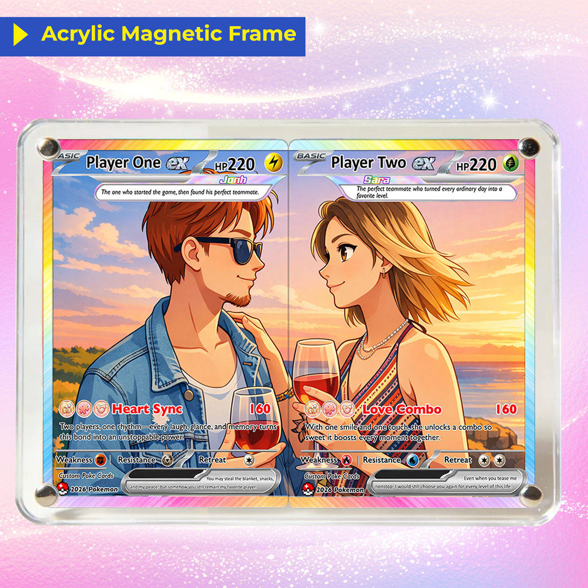 Matching Set Custom Pokémon Cards, Set of 2 Personalized Poke Cards, Buy 1 Get 2 Animated Style Gifts for Him and Her, Acrylic Magnetic Frame Available - CPC-100