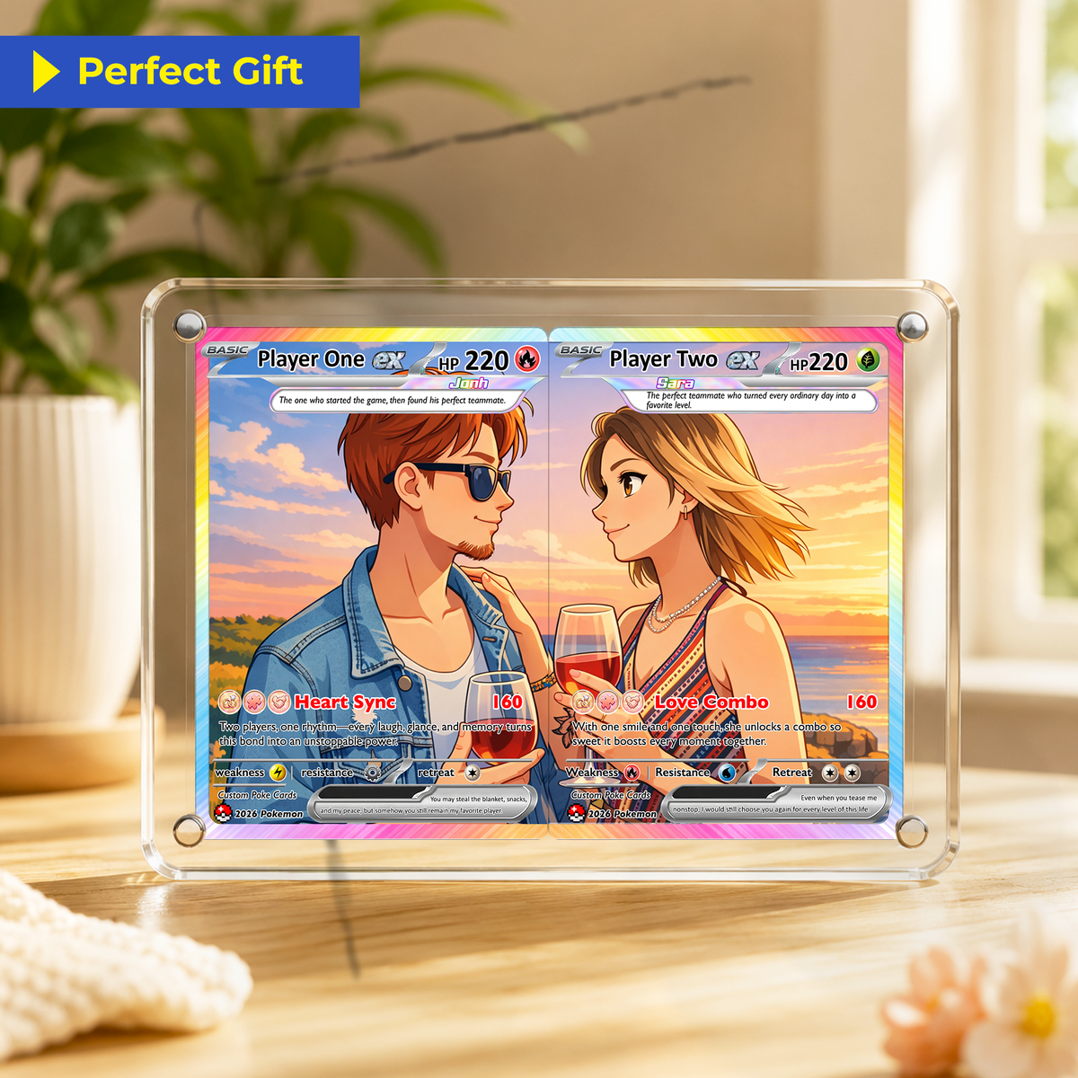 Matching Set Custom Pokémon Cards, Set of 2 Personalized Poke Cards, Buy 1 Get 2 Animated Style Gifts for Him and Her, Acrylic Magnetic Frame Available - CPC-100
