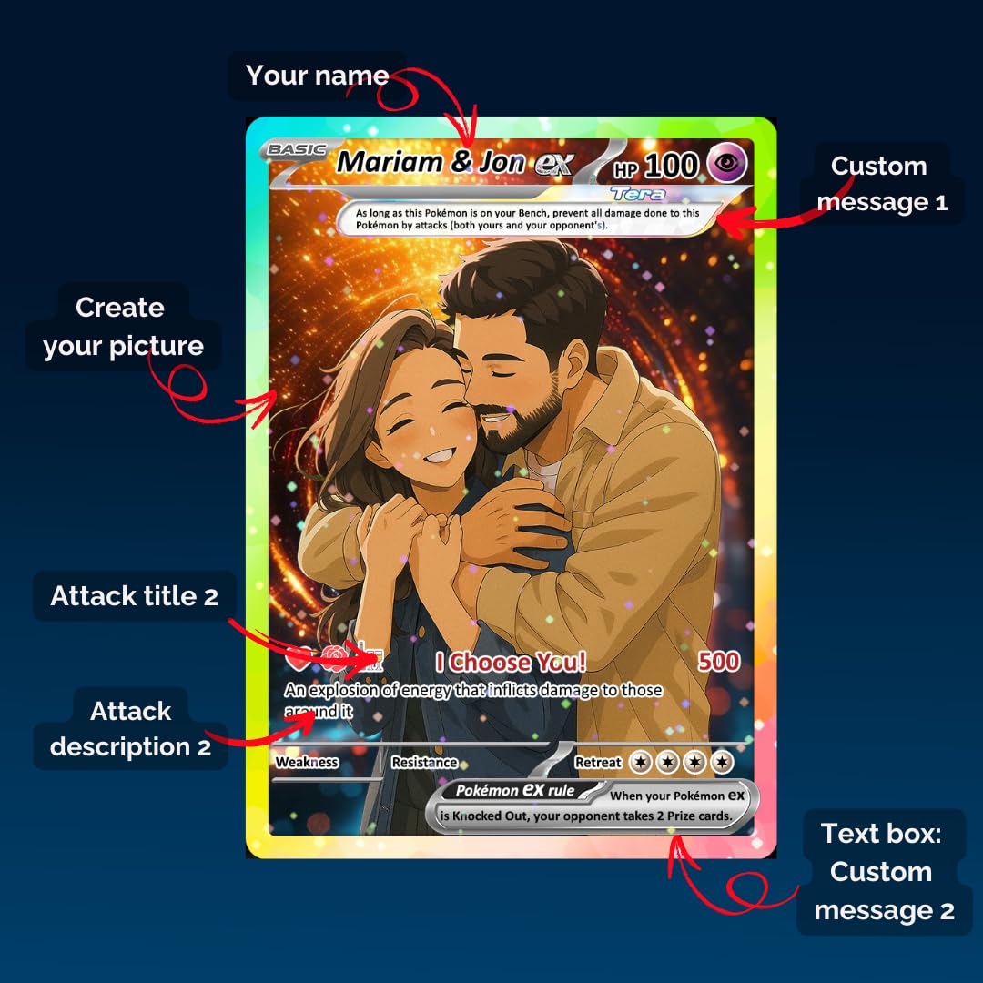 Custom Pokémon Cards with Anime Picture, Personalized Poke Cards Animated Style Gifts for Him and Her - CPC-04