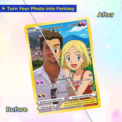 Customizable Pokemon Card - Personalized Anime-Inspired Pokemon Card for Couples - Holographic Effect Available - CPC-28