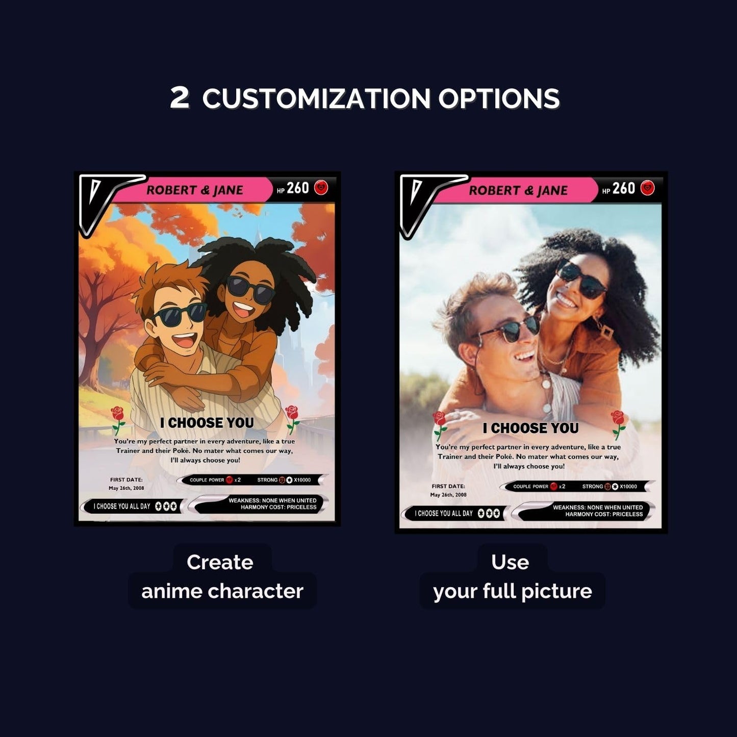 Custom Pokemon Card - Personalized Poke Card for Couples - Holographic Effect Available - CPC-29