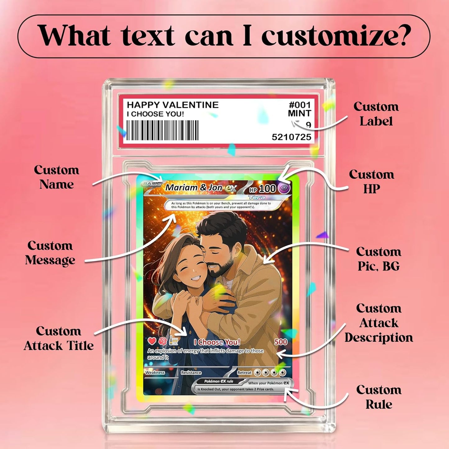 Custom Acrylic Pokemon Card Display Block - Custom Game-Inspired Card Block for Couples - Customized Acrylic Animated Style Plaque for Lovers | Best Valentine Gifts for Him, Her - CPC-74