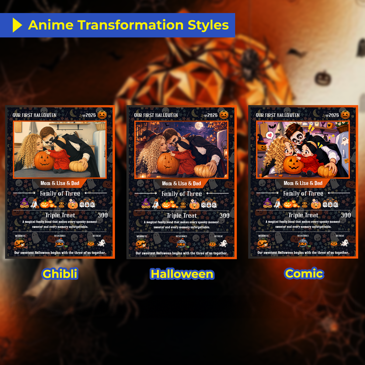 Custom Pokémon Card – First Halloween as a Family of Three, Halloween Anime Transformation Metal Card, Personalized Family of 3 Gift, New Family Keepsake - CPC-hlw-14