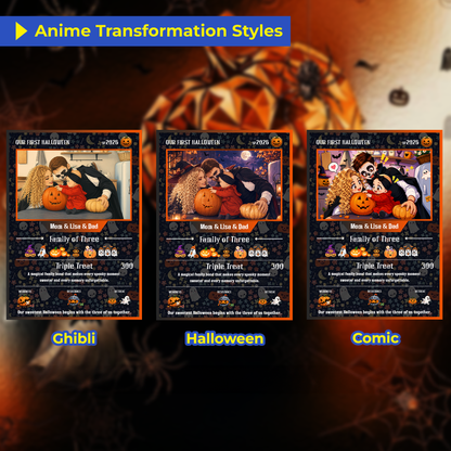 Custom Pokémon Card – First Halloween as a Family of Three, Halloween Anime Transformation Metal Card, Personalized Family of 3 Gift, New Family Keepsake - CPC-hlw-14