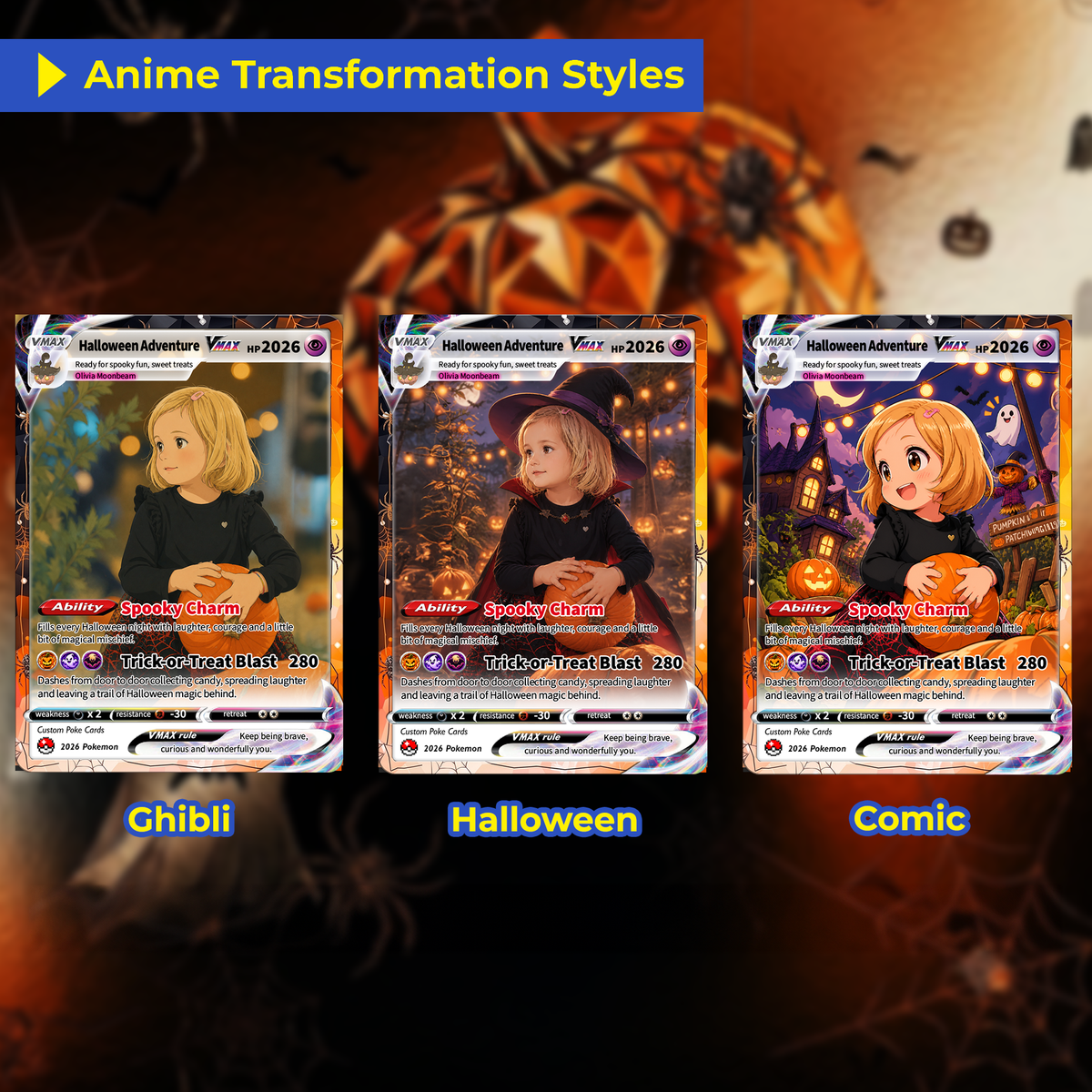 Custom Pokémon Card for Kids, Halloween Anime Transformation Photo Poke Card, Personalized Halloween Gift for Children, Custom Pokémon Gift - CPC-hlw-12