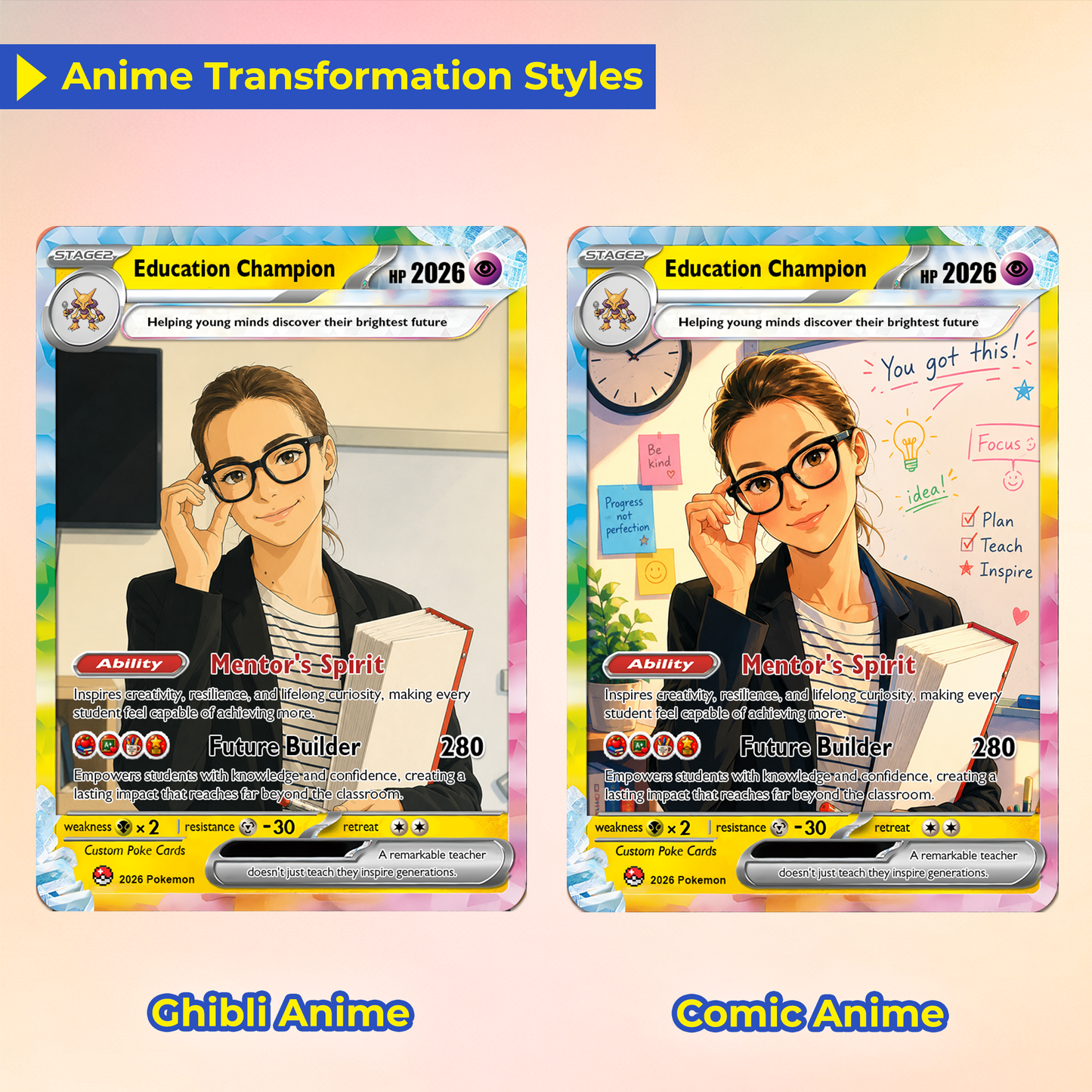 Education Champion Custom Pokemon Cards, Teacher Appreciation Gift Card, Change Your Photo to Anime Styles, Thank You Teacher Gift, Personalized Pokemon Cards - CPC-BTS-08