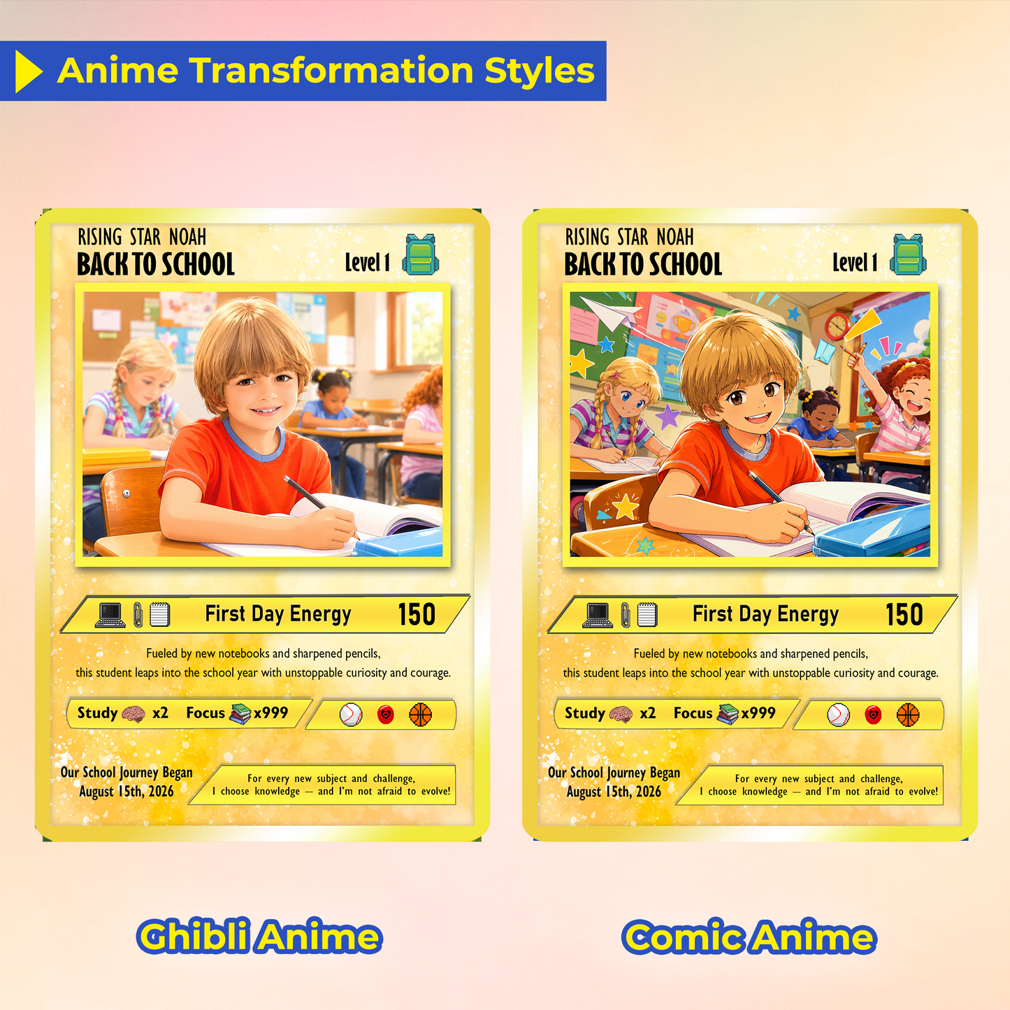 Back to School Custom Pokémon Card - Personalized Pokémon Card with Anime Picture for Kids, Students - First Day of School Gift from Parents - CPC-146.A