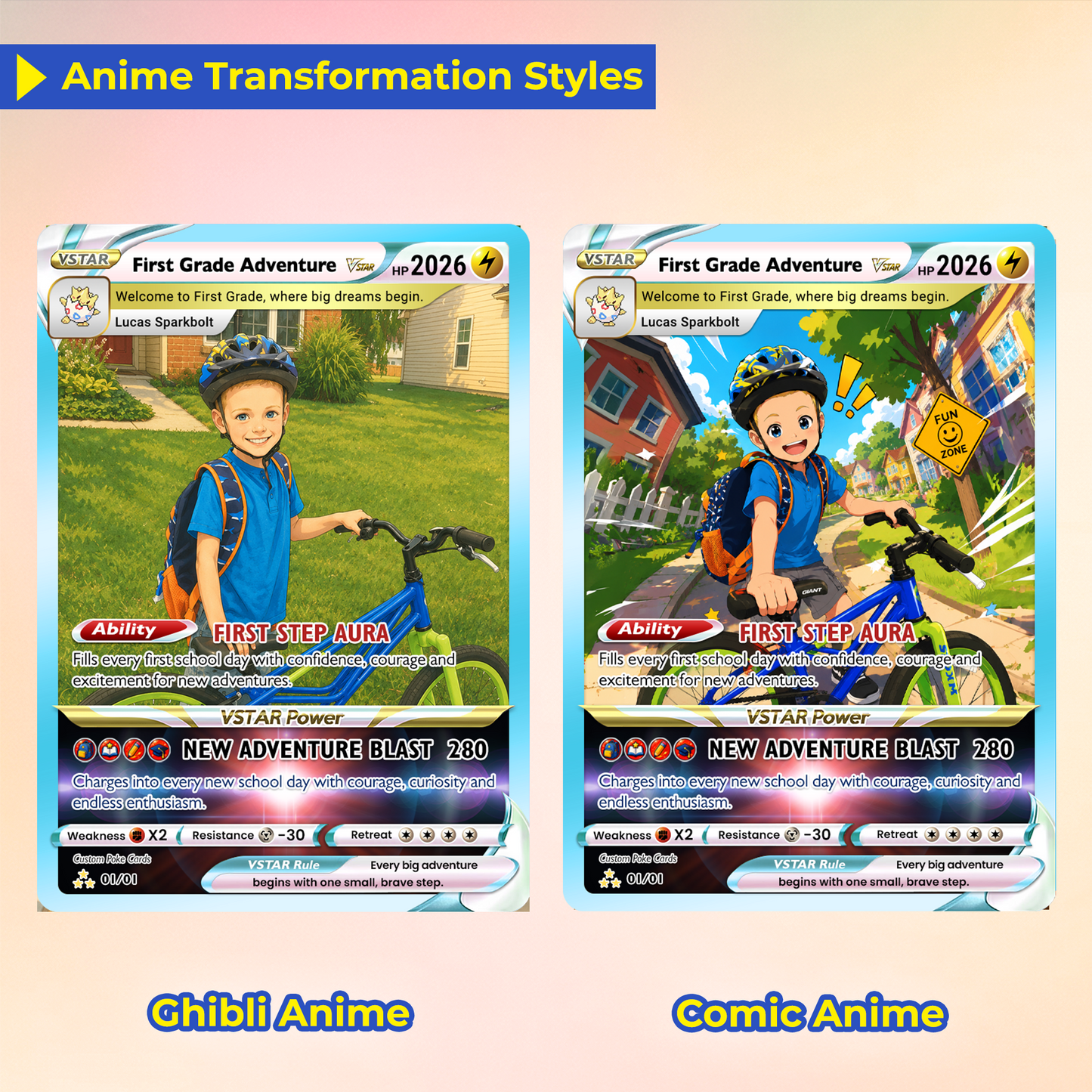 First Grade Adventure Custom Pokémon Card, First Day of School Personalized Pokémon Card, Customizable Animated Gift from Parents for Kids - Kindergarten Graduation Gift - CPC-BTS-24