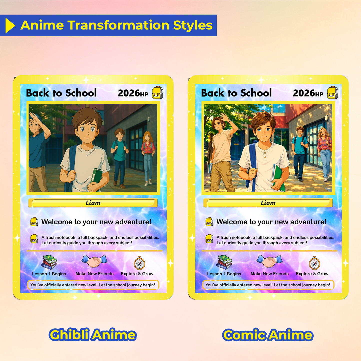 Back to School Custom Pokemon Card with Anime Style Transformation, Personalized Pokemon Card for First Day of School, Gift for Students, Son, Daughter - CPC-71