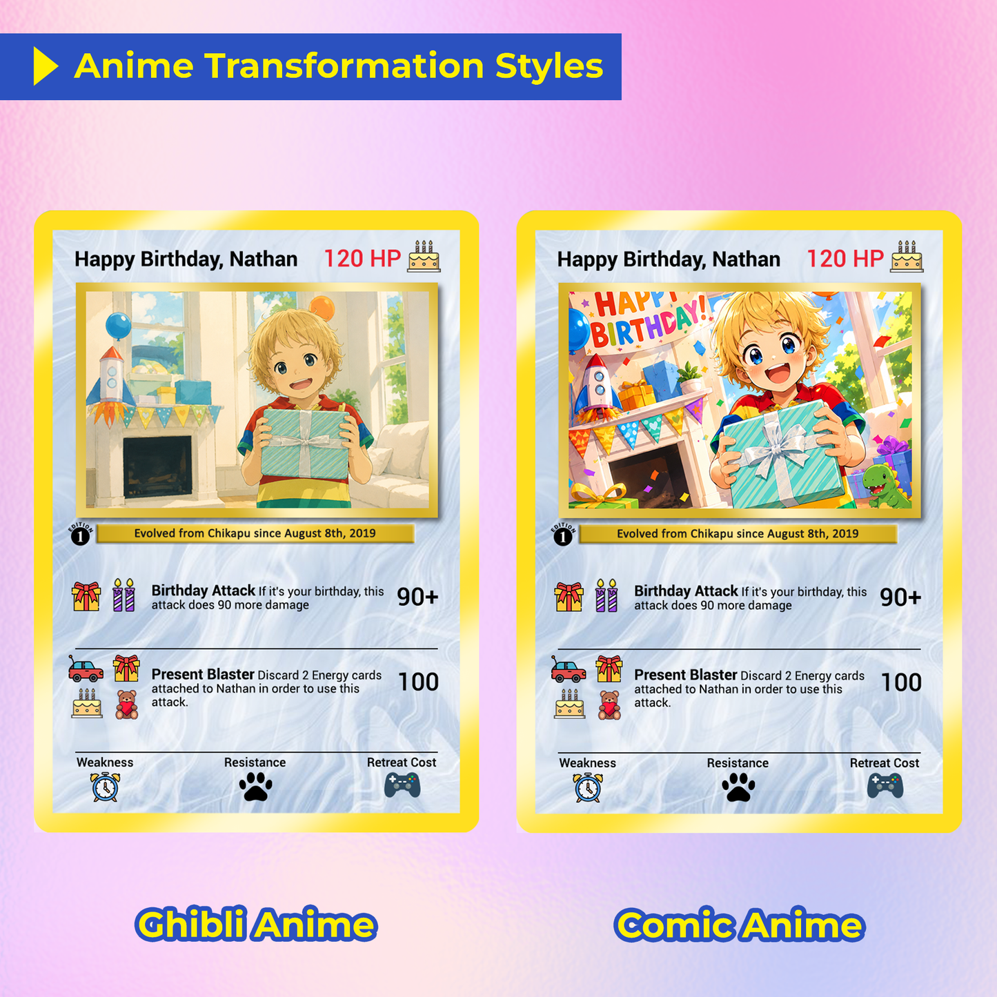 Happy Birthday Custom Pokémon Card, Anime Ghibli-style Art Transformation Personalized Pokémon Card for Date of Birth - CPC-49