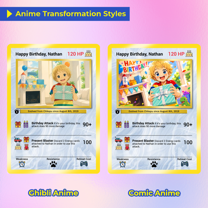 Happy Birthday Custom Pokémon Card, Anime Ghibli-style Art Transformation Personalized Pokémon Card for Date of Birth - CPC-49