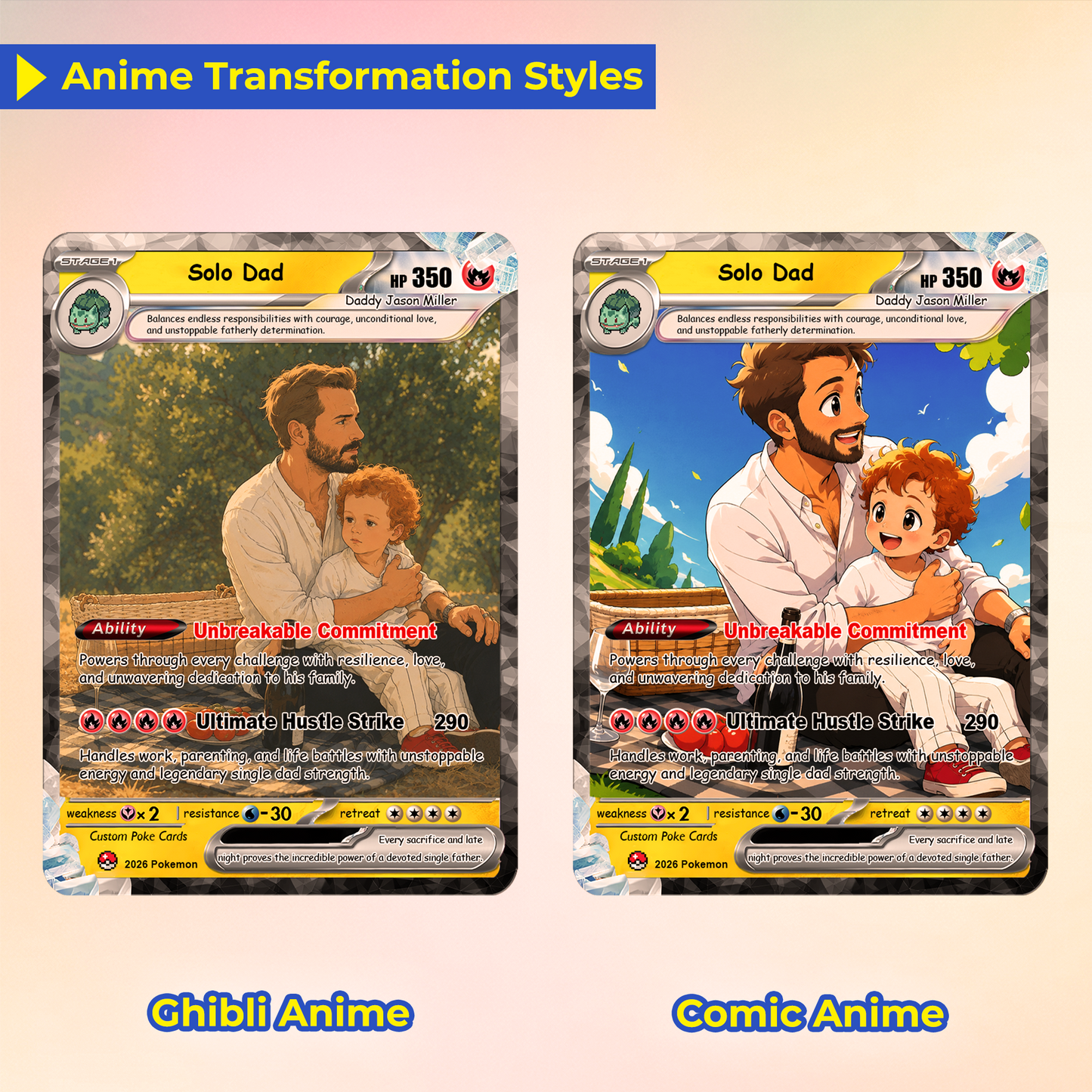 Single Dad Custom Pokémon Card for Father's Day - Comic Anime Style Personalized Pokémon Card for Solo Father - Perfect Gift from Kids & Friends - CPC-130
