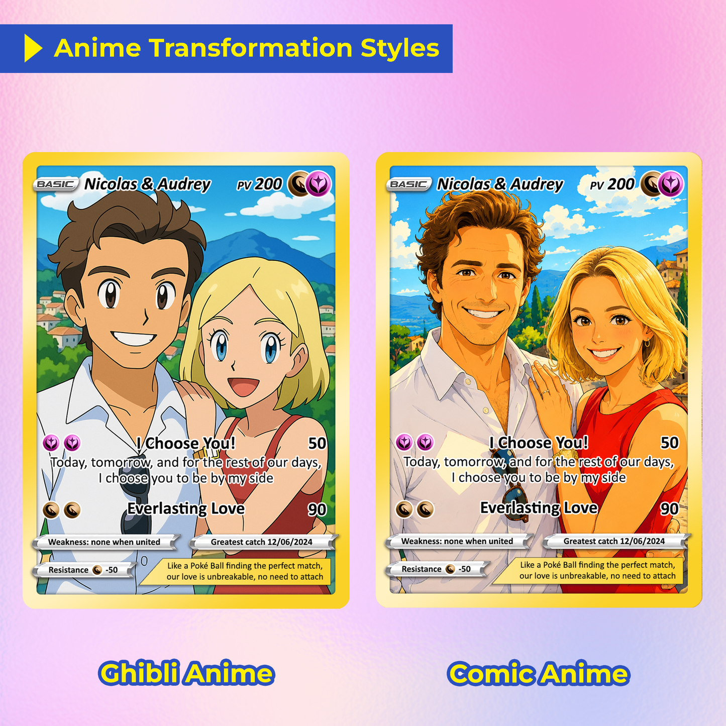 Customizable Pokemon Card - Personalized Anime-Inspired Pokemon Card for Couples - Holographic Effect Available - CPC-28