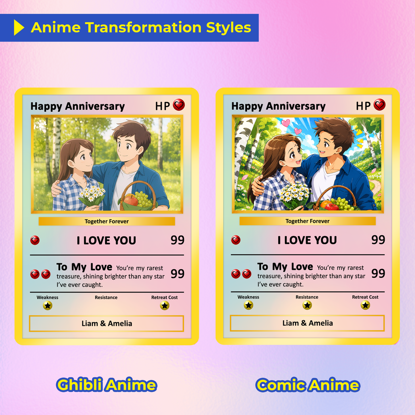 Happy Anniversary Card, Custom Pokémon Cards with Anime Picture, Personalized Poke Cards Animated Style Gifts for Him and Her - CPC-61