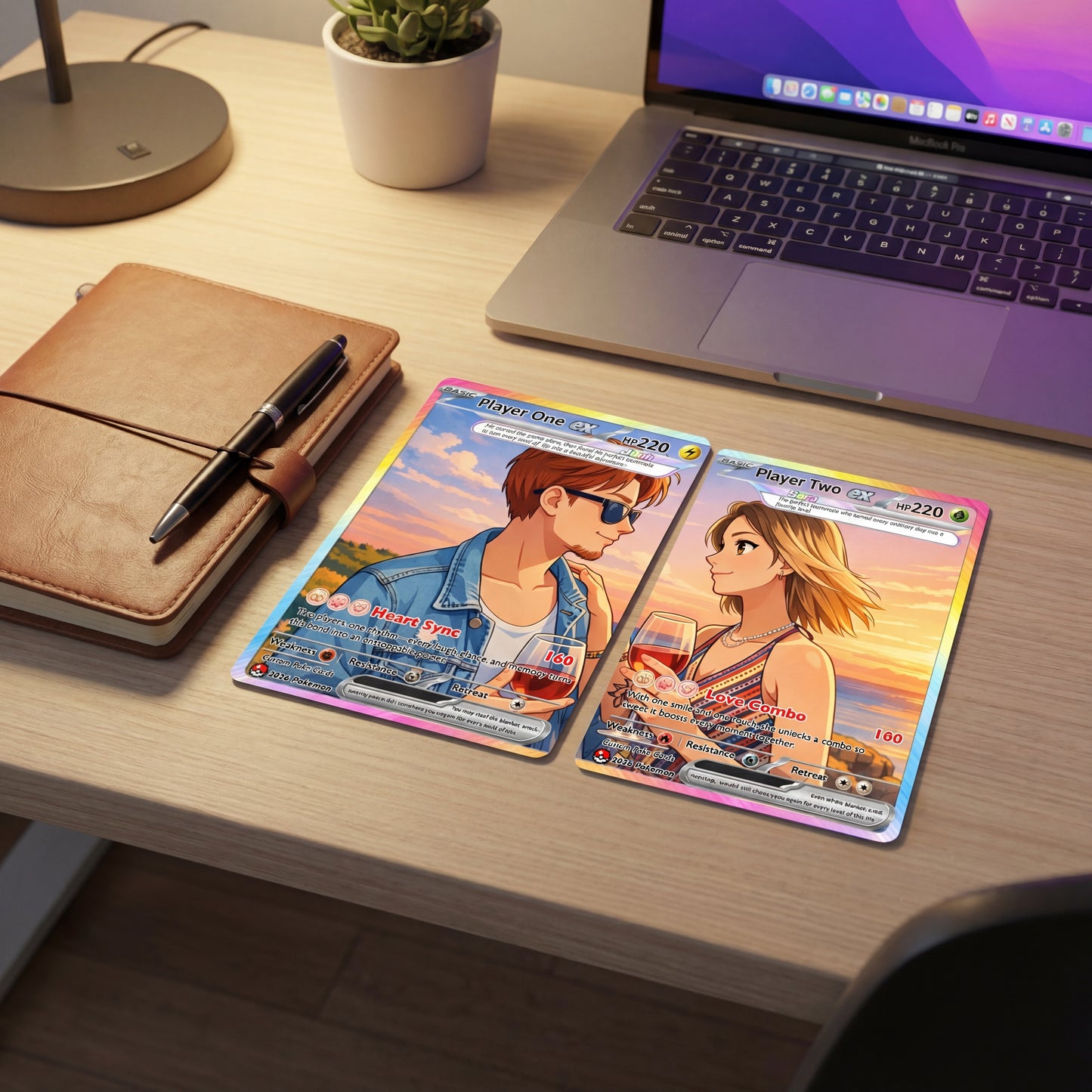Matching Set Custom Pokémon Cards, Set of 2 Personalized Poke Cards, Buy 1 Get 2 Animated Style Gifts for Him and Her - CPC-100