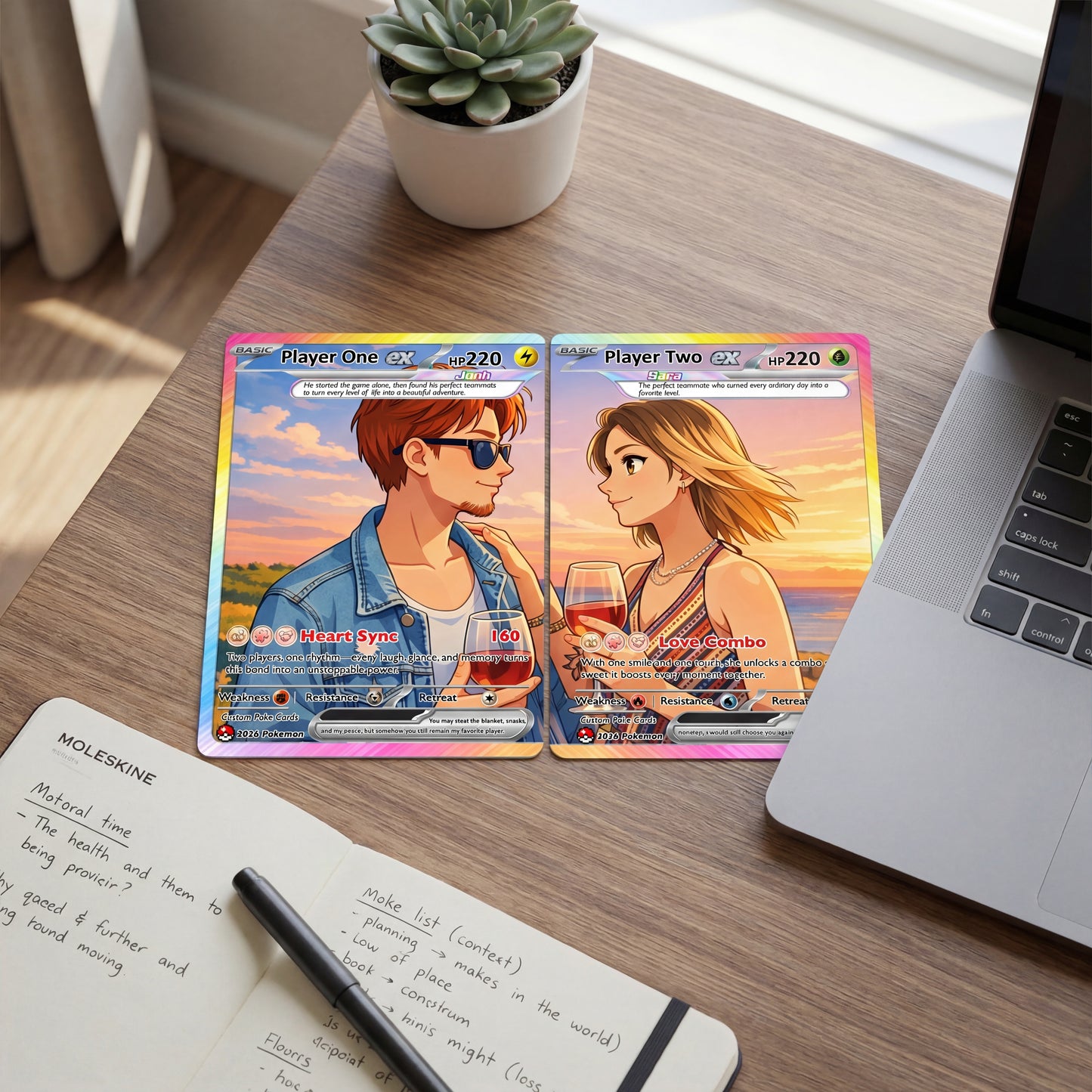 Matching Set Custom Pokémon Cards, Set of 2 Personalized Poke Cards, Buy 1 Get 2 Animated Style Gifts for Him and Her - CPC-100
