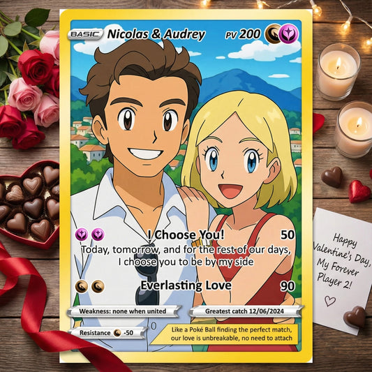 Customizable Pokemon Card - Personalized Anime-Inspired Pokemon Card for Couples - Holographic Effect Available - CPC-28