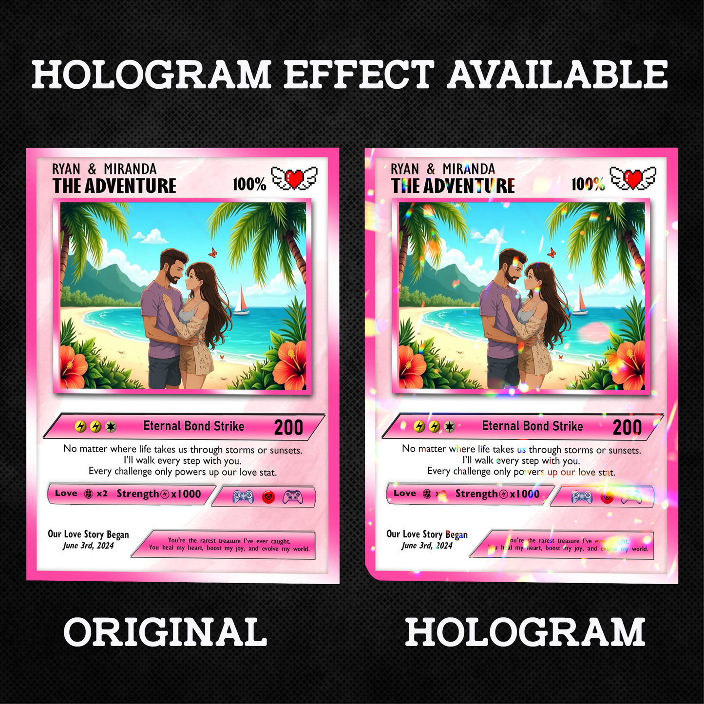 Happy Valentines Card, Custom Pokémon Cards with Anime Picture, Personalized Poke Cards Animated Style Gifts for Him and Her - CPC-72