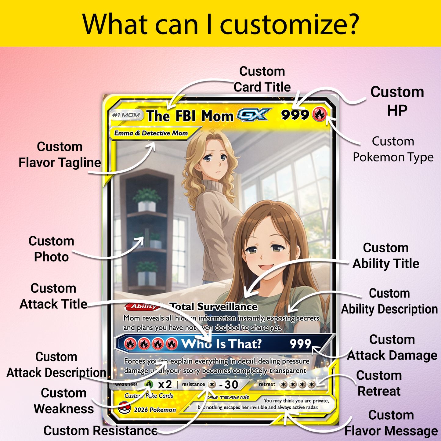 Funny Custom Pokémon Card for FBI Mom - Mother’s Day Personalized Pokemon Card - Ghibli Anime Style Customizable Gift from Husband, Son & Daughter - CPC-89
