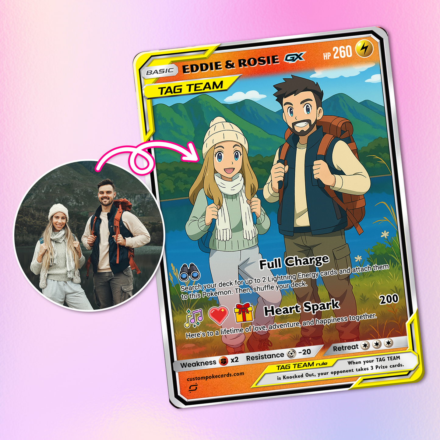 Custom Pokémon Cards with Photo, TAG TEAM Personalized Poke Cards Animated Style Gifts for Him and Her - CPC-75