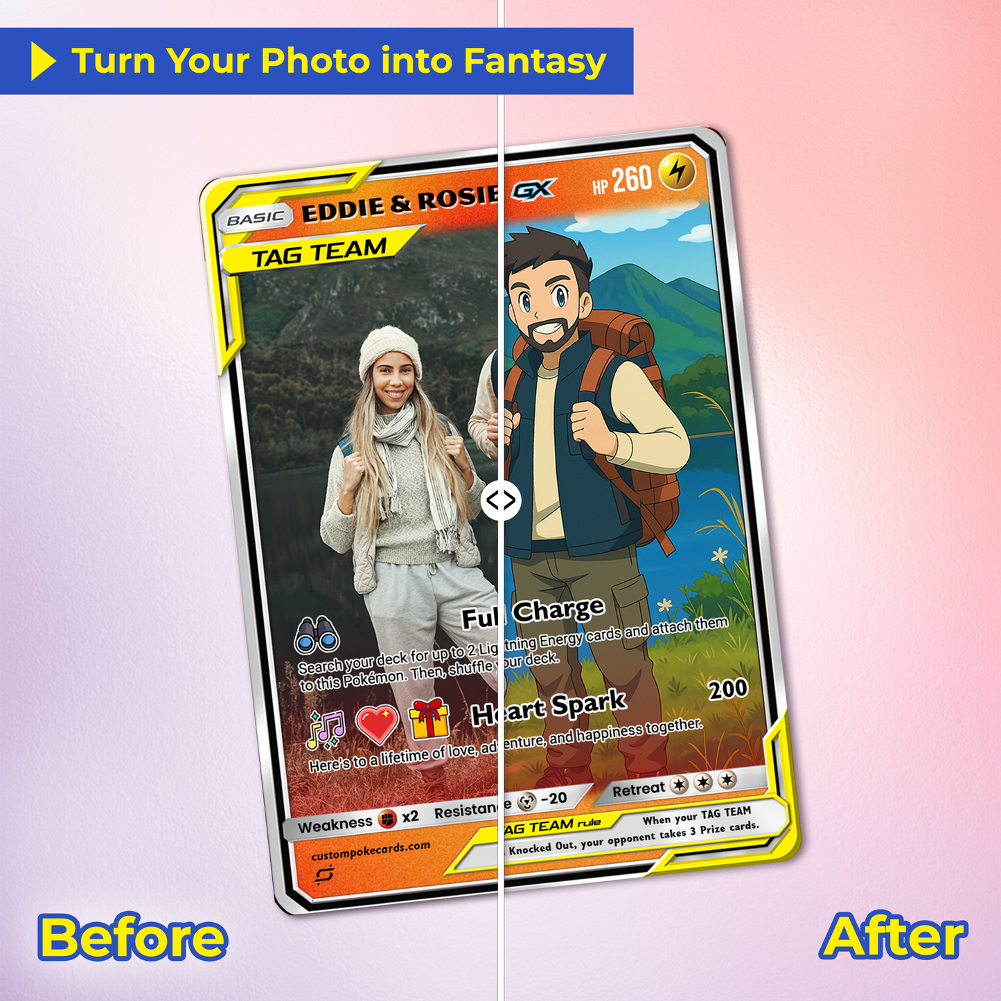 Custom Pokémon Cards with Photo, TAG TEAM Personalized Poke Cards Animated Style Gifts for Him and Her - CPC-75