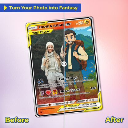 Custom Pokémon Cards with Photo, TAG TEAM Personalized Poke Cards Animated Style Gifts for Him and Her - CPC-75