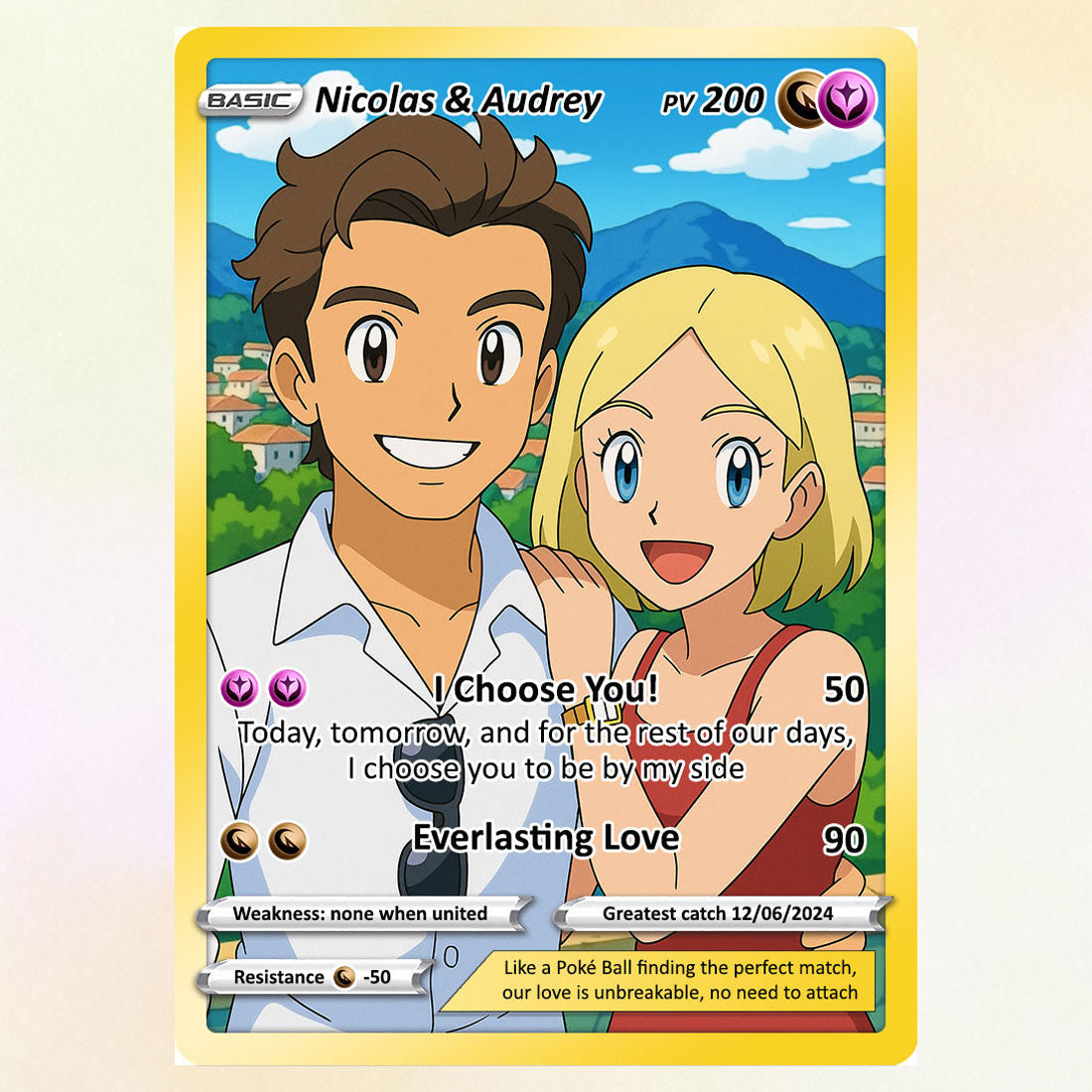 Customizable Pokemon Card - Personalized Anime-Inspired Pokemon Card for Couples - Holographic Effect Available - CPC-28