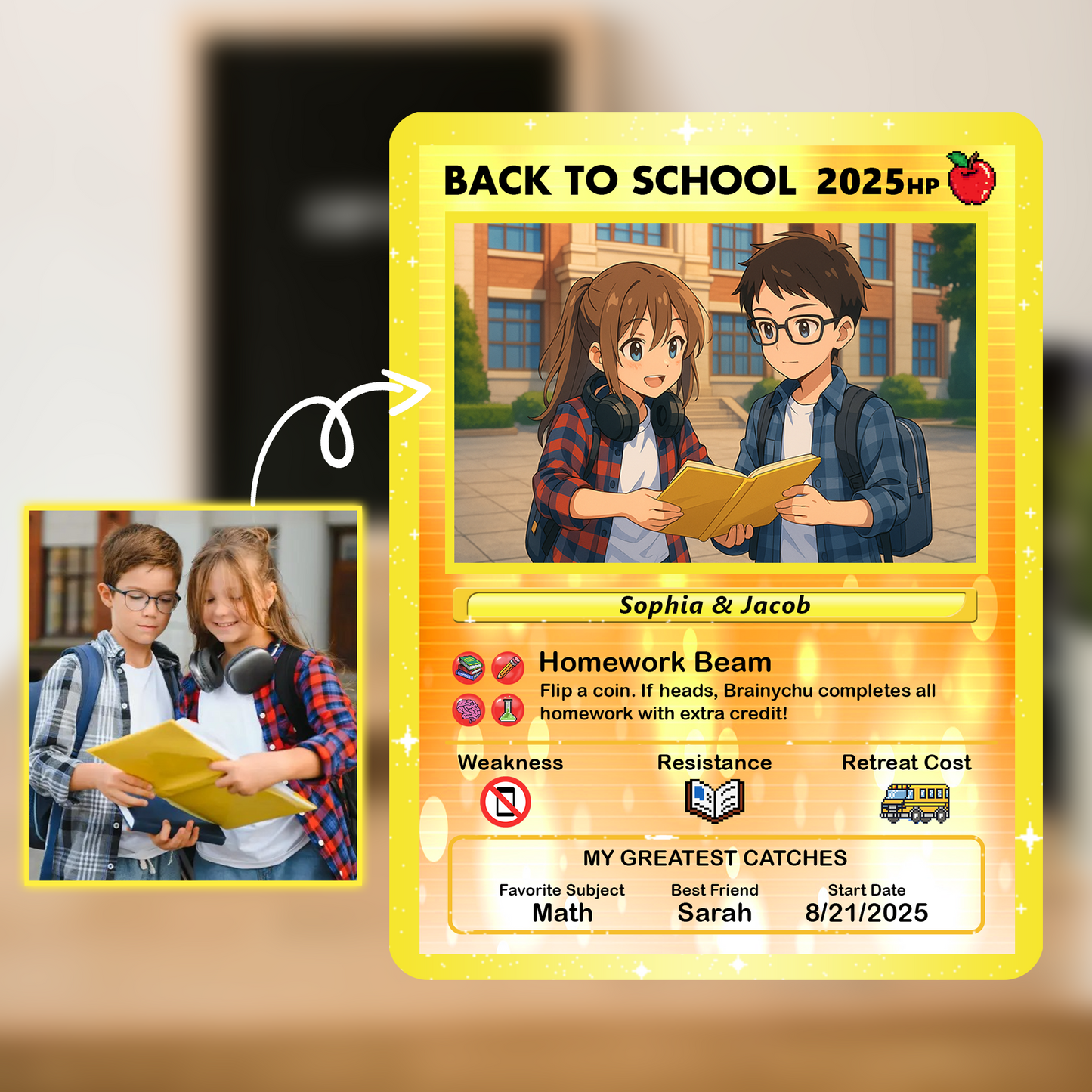 Anime Style Back to School Custom Pokemon Cards, Personalized Pokemon Card for First Day of School, Gift for Students, Son, Daughter - CPC-68