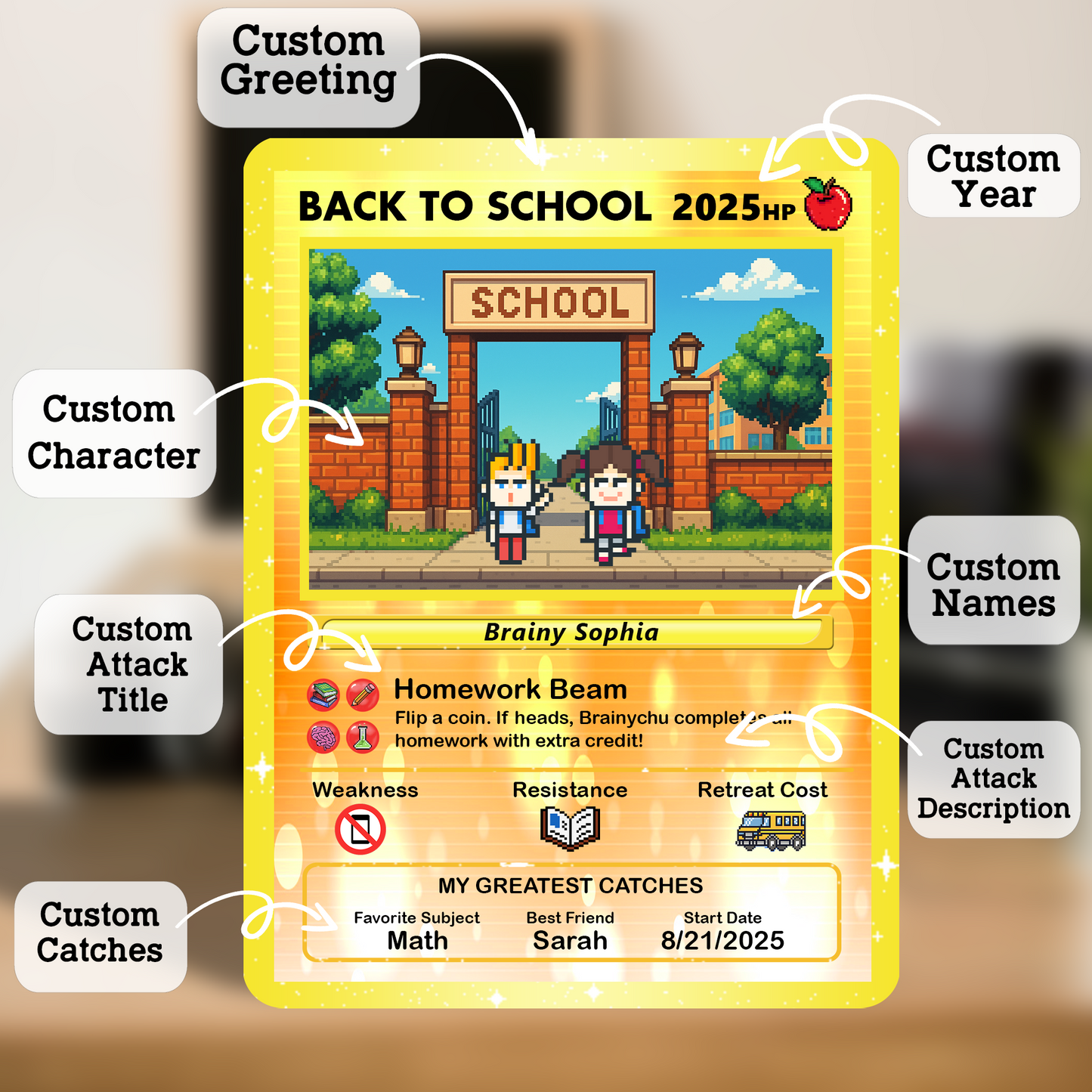 Art Characters & Anime Style Custom Pokemon Cards for Back to School, Personalized Pokemon Card for First Day of School, Gift for Students, Son, Daughter - CPC-69