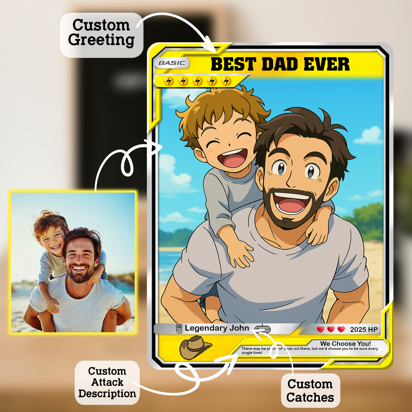 Custom Pokemon Card  - Anime-Inspired Personalized Pokemon Card for Dad | Daddy & Me Customized Poke Gift - Customizable Trading Cards - CPC-16