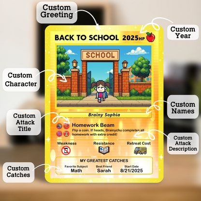 Art Characters & Anime Style Custom Pokemon Cards for Back to School, Personalized Pokemon Card for First Day of School, Gift for Students, Son, Daughter - CPC-69